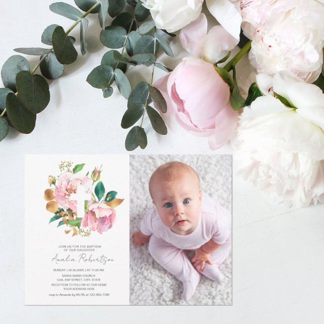 Baptism Photo Floral Girl Watercolor  Invitation (Creator Uploaded)