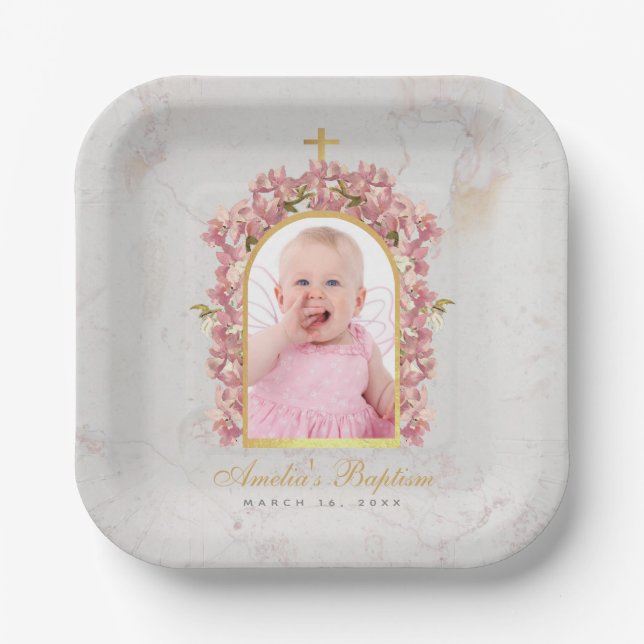 Baptism Photo Floral Gold Arch Pink Orchids Marble Paper Plate (Front)