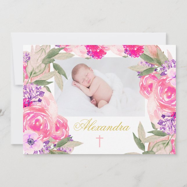 Baptism Photo Floral Roses Invitation (Back)