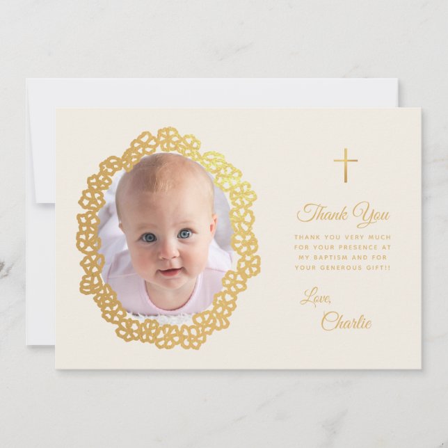 Baptism Photo Floral Wreath Script Faux Gold Ivory Thank You Card (Front)