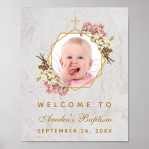Baptism Photo Girl Gold Pink Orchids Welcome Sign