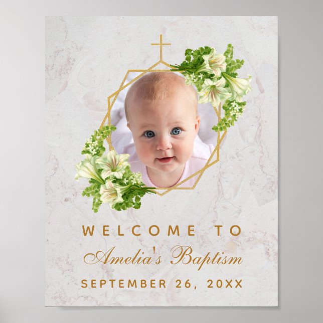 Baptism Photo Girl White Lilies Gold Welcome Sign (Front)