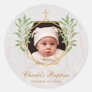 Baptism Photo Greenery Botanical Geometric Marble Classic Round Sticker