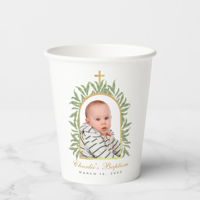 Baptism Photo Greenery Faux Gold Foil Arch Script Paper Cups (Back)