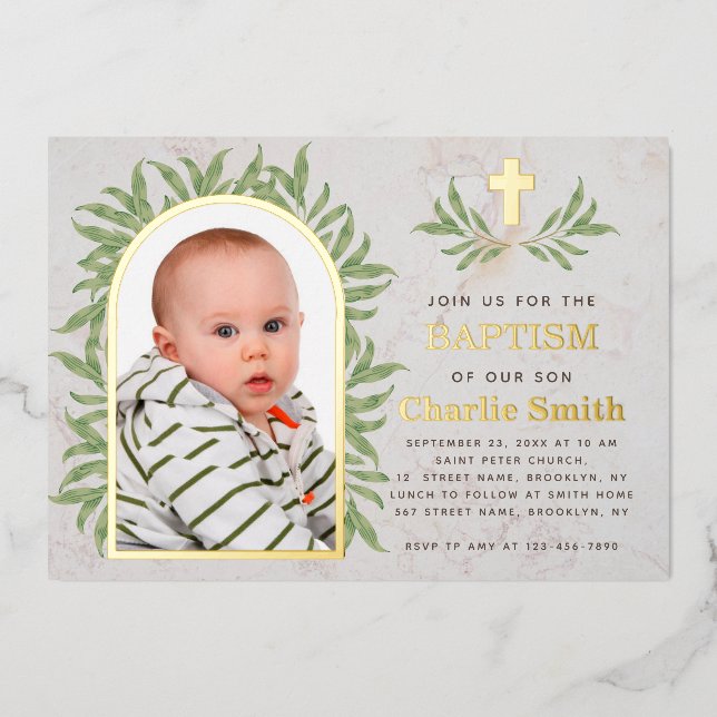 Baptism Photo Greenery Gold Arch Green Leaves (Front)