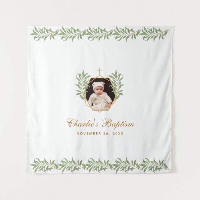 Baptism Photo Greenery Gold Botanical Backdrop Tapestry (Front)