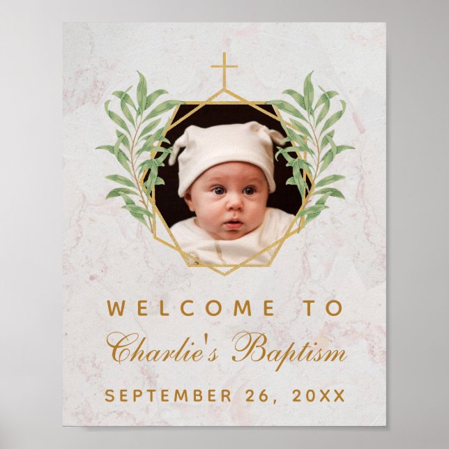 Baptism Photo Greenery Marble Gold Welcome Sign (Front)