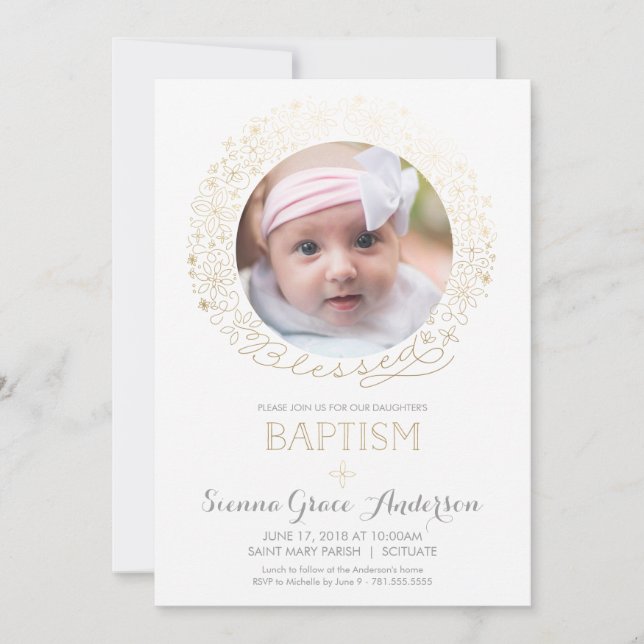Baptism Photo Invitation w/ Gold - Baby Girl, Boy (Front)