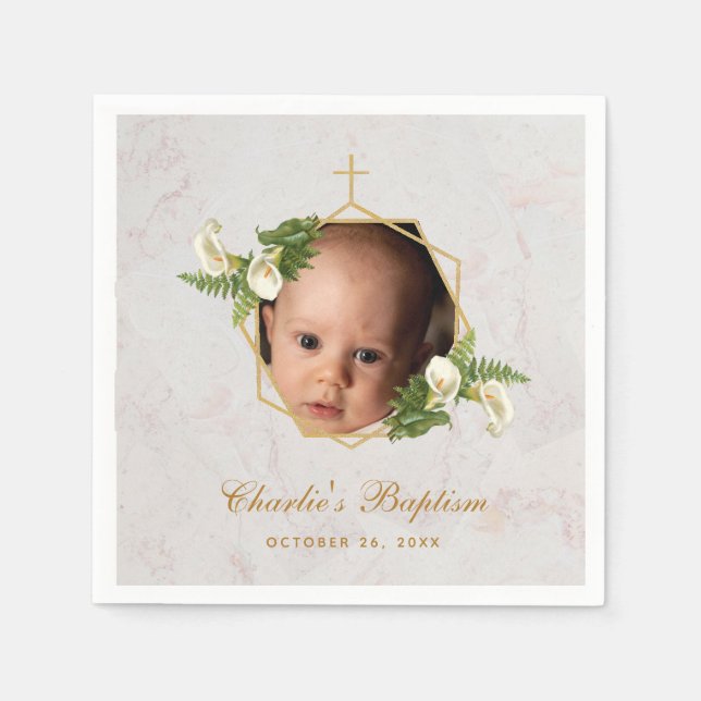 Baptism Photo Marble Floral Calla Lilies Gold  Napkin (Front)