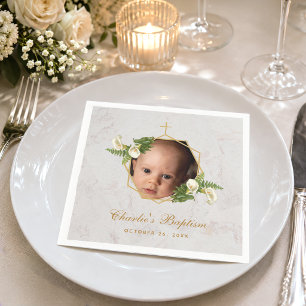 Baptism Photo Marble Floral Calla Lilies Gold Napkin