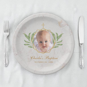 Baptism Photo Marble Leaves Botanical Geometric Paper Plate