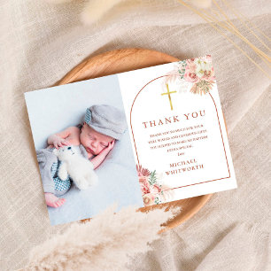 Baptism Photo Pampas Grass Arch Thank You Card