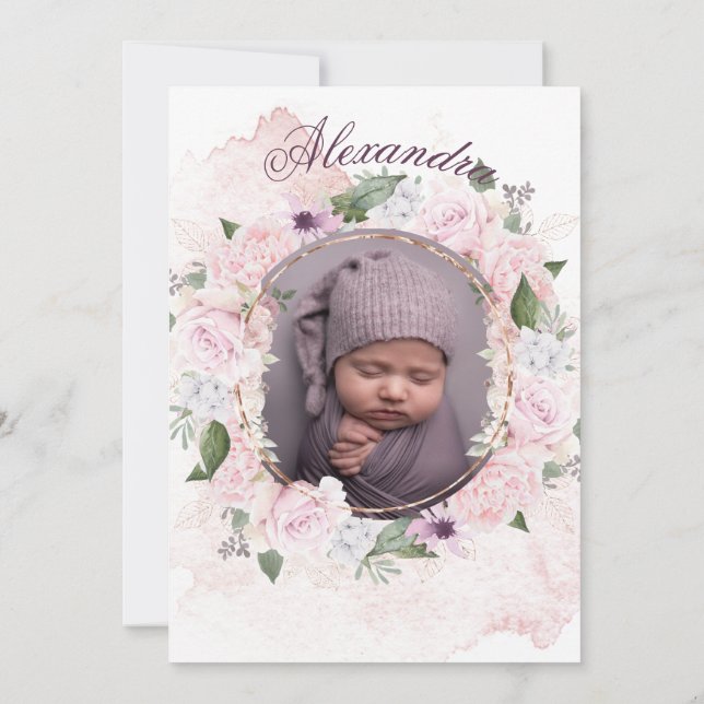  Baptism Photo Pink Roses Floral Girls Invitation (Back)