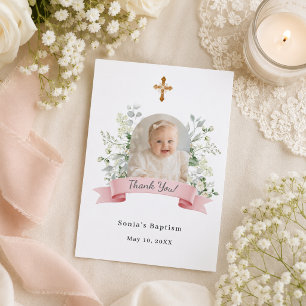 Baptism photo pink white florals girl thank you card