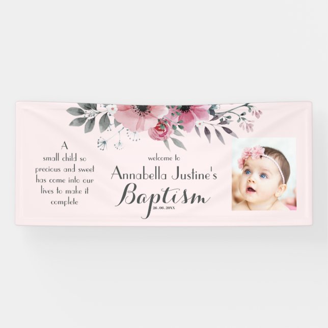 BAPTISM Photo Pretty Pink Grey Floral Event Party Banner (Horizontal)