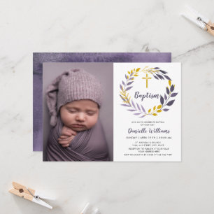 Baptism Photo   Violet Golden Botanical Invitation