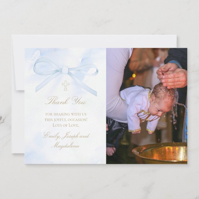 Baptism photo watercolor blue bow thank you card (Front)