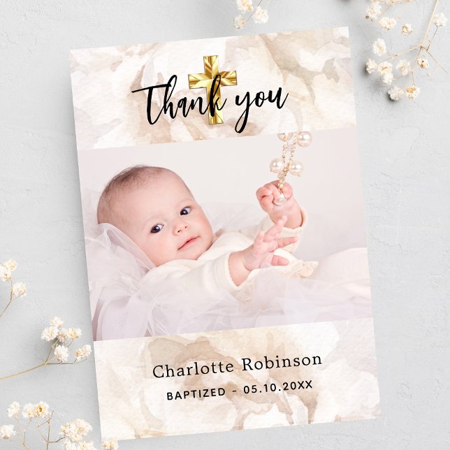 Baptism photo white floral baby boy girl thank you card (Creator Uploaded)