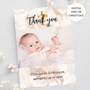 Baptism photo white floral thank you card