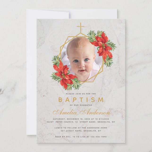 Baptism Photo Winter Poinsettia Marble Gold Floral Invitation (Front)
