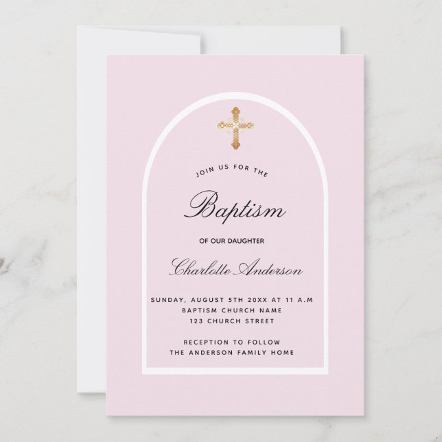 Baptism pink baby girl arch elegant invitation (Front)