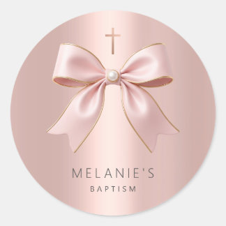 Baptism pink bow baby girl elegant minimalist classic round sticker