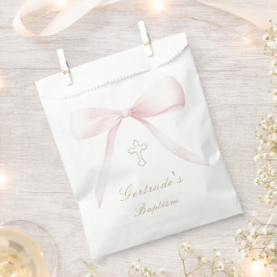 Baptism pink bow baby girl favour tags bags
