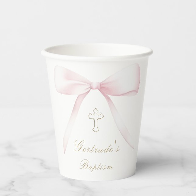 Baptism pink bow baby girl  paper cups (Front)