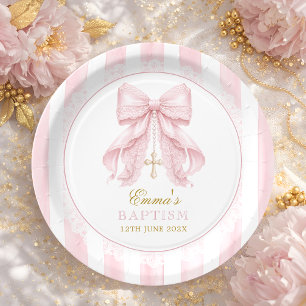 Baptism Pink Bow Baby Girl Paper Plate