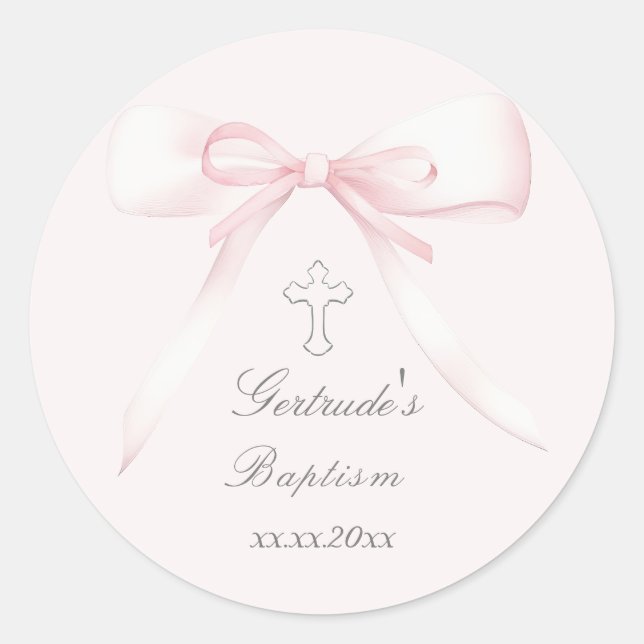 Baptism pink bow classic round sticker (Front)