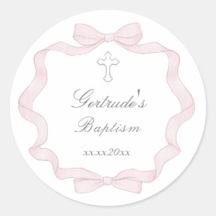 Baptism pink bow frame classic round sticker