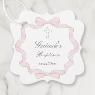 Baptism pink bow frame favour tags