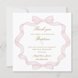 Baptism pink bow frame thank you card