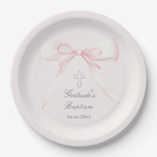 Baptism pink bow paper plate