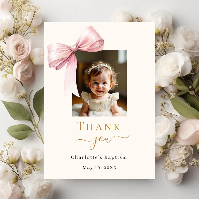 Baptism pink bow photo cream girl thank you card (Creator Uploaded)