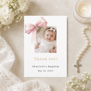 Baptism pink bow photo girl thank you card