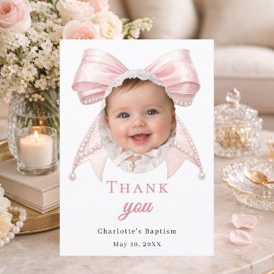 Baptism pink bow photo pearls girl thank you card