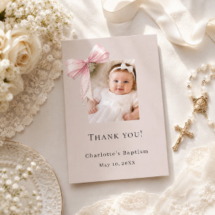 Baptism pink bow taupe photo girl thank you card