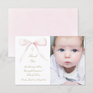 Baptism pink bow thank you card