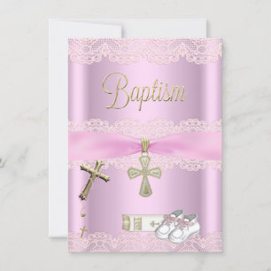 Baptism Pink Cross Girl Lace Christening Invitation