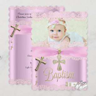 Baptism Pink Cross Girl Lace Christening Invitation