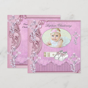 Baptism Pink Cross Girl Photo christening 2 Invitation