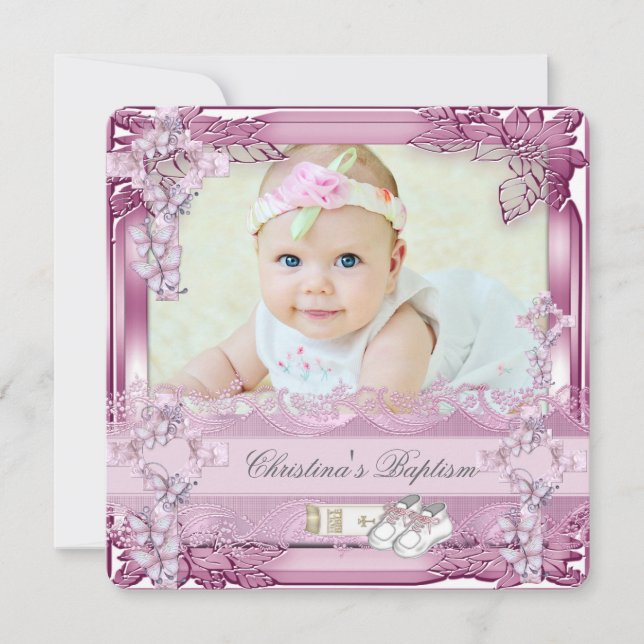 Baptism Pink Cross Girl Photo christening Floral Invitation (Front)