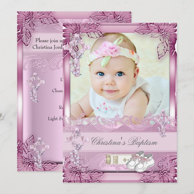 Baptism Pink Cross Girl Photo christening Floral Invitation (Front/Back)