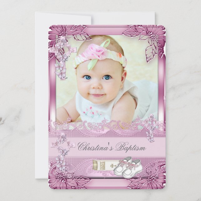 Baptism Pink Cross Girl Photo christening Floral Invitation (Front)