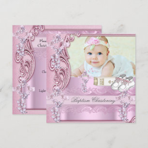 Baptism Pink Cross Girl Photo christening Invitation