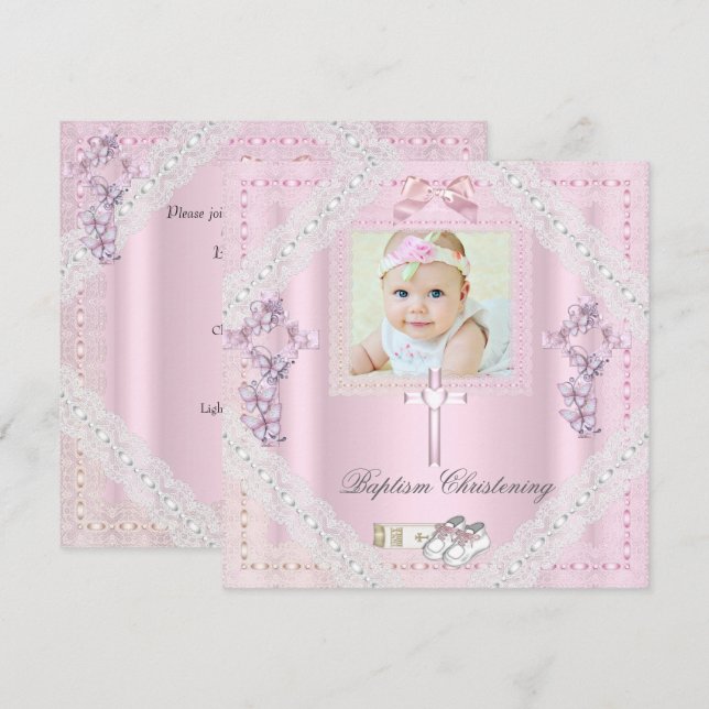 Baptism Pink Cross Girl Photo christening Lace 2 Invitation (Front/Back)