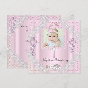 Baptism Pink Cross Girl Photo christening Lace 2 Invitation