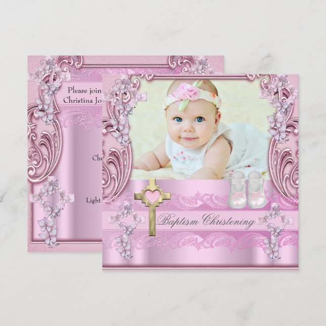 Baptism Pink Cross Girl Photo Christening Shoes Invitation (Front/Back)