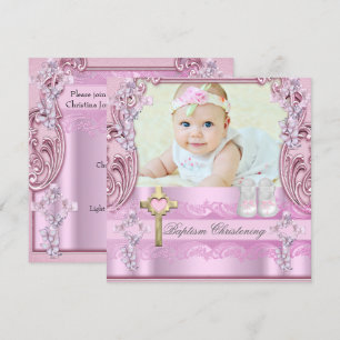 Baptism Pink Cross Girl Photo Christening Shoes Invitation